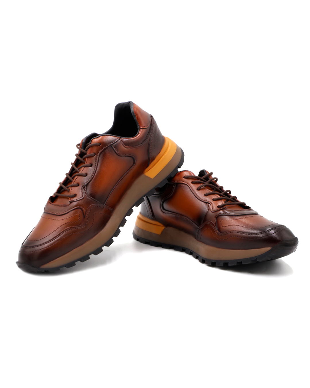 TENIS SNEAKER CAFÉS SOMBREADO A MANO EN PIEL DE BECERRO Y TERNERA