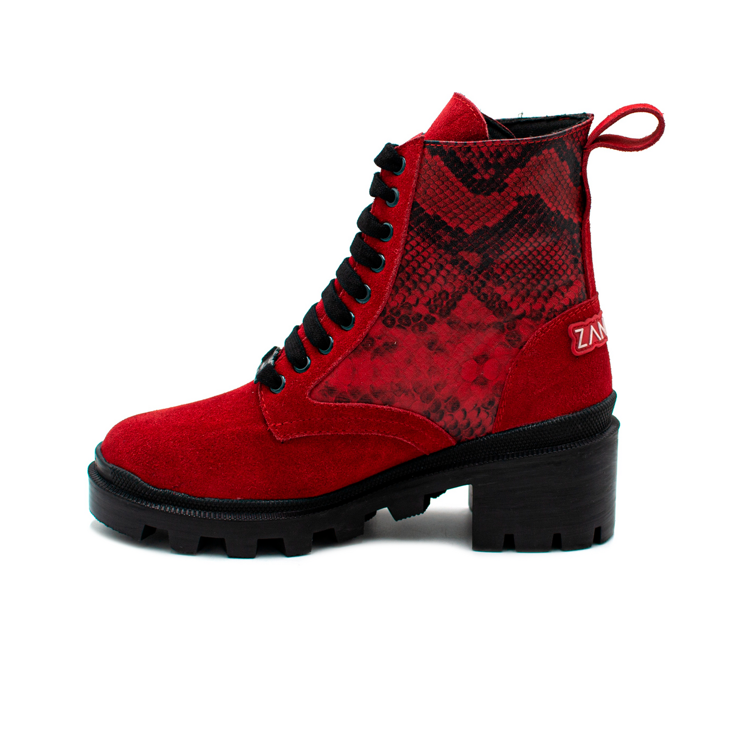 BOTÍN EN PIEL DE RES GAMUZA ROJA CON SINTÉTICO DE PITÓN ESCAMA CHICA - JHW872UI