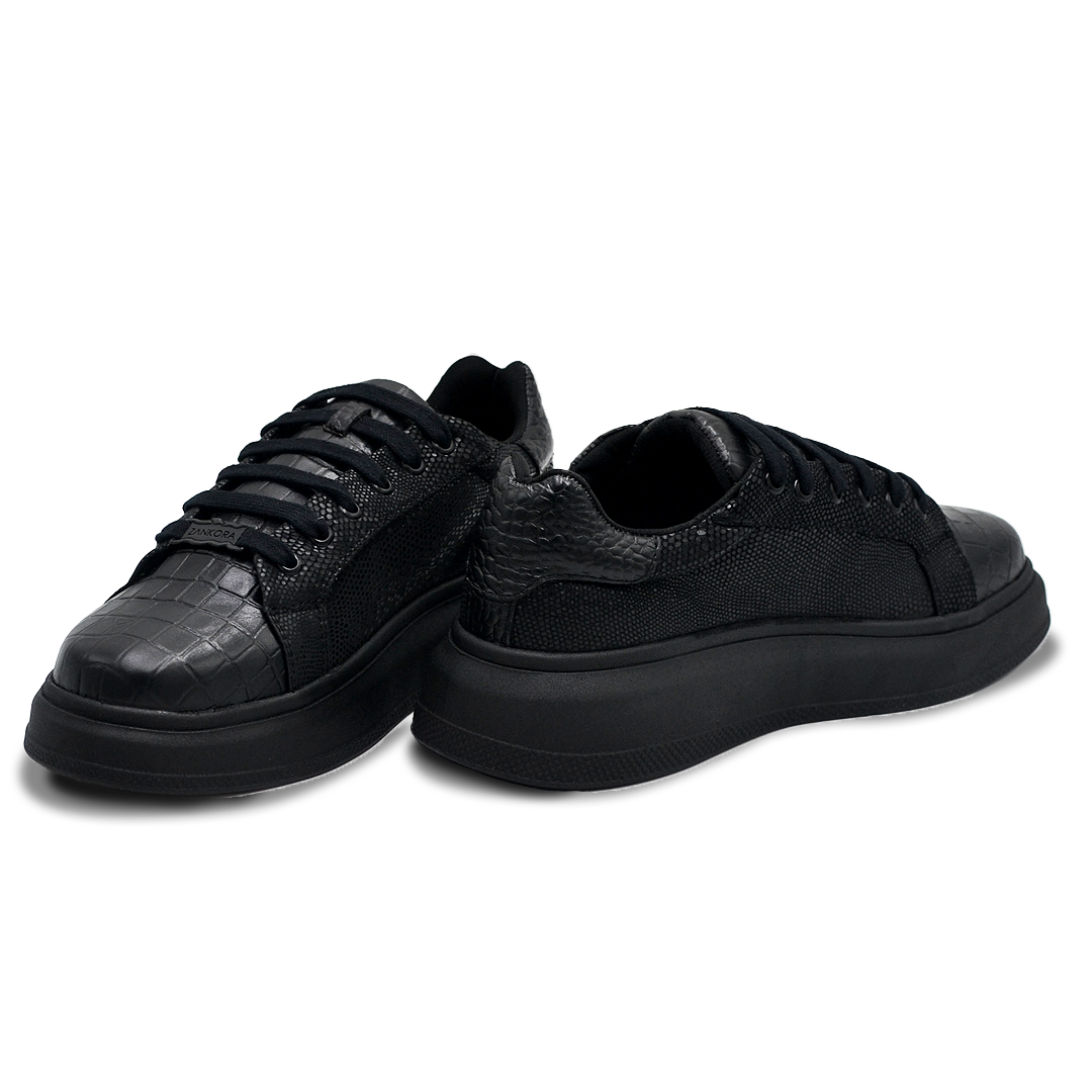 TENIS SNEAKERS EN PIEL GRABADO DE COCODRILO CON MIXFIT NEGRO BRILLANTE - EIO903