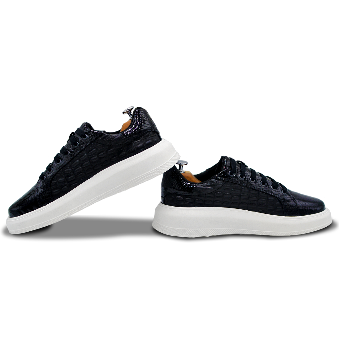 TENIS SNEAKER NEGRO CON PIELES GRABADAS DE COCODRILO Y PITÓN - TND123