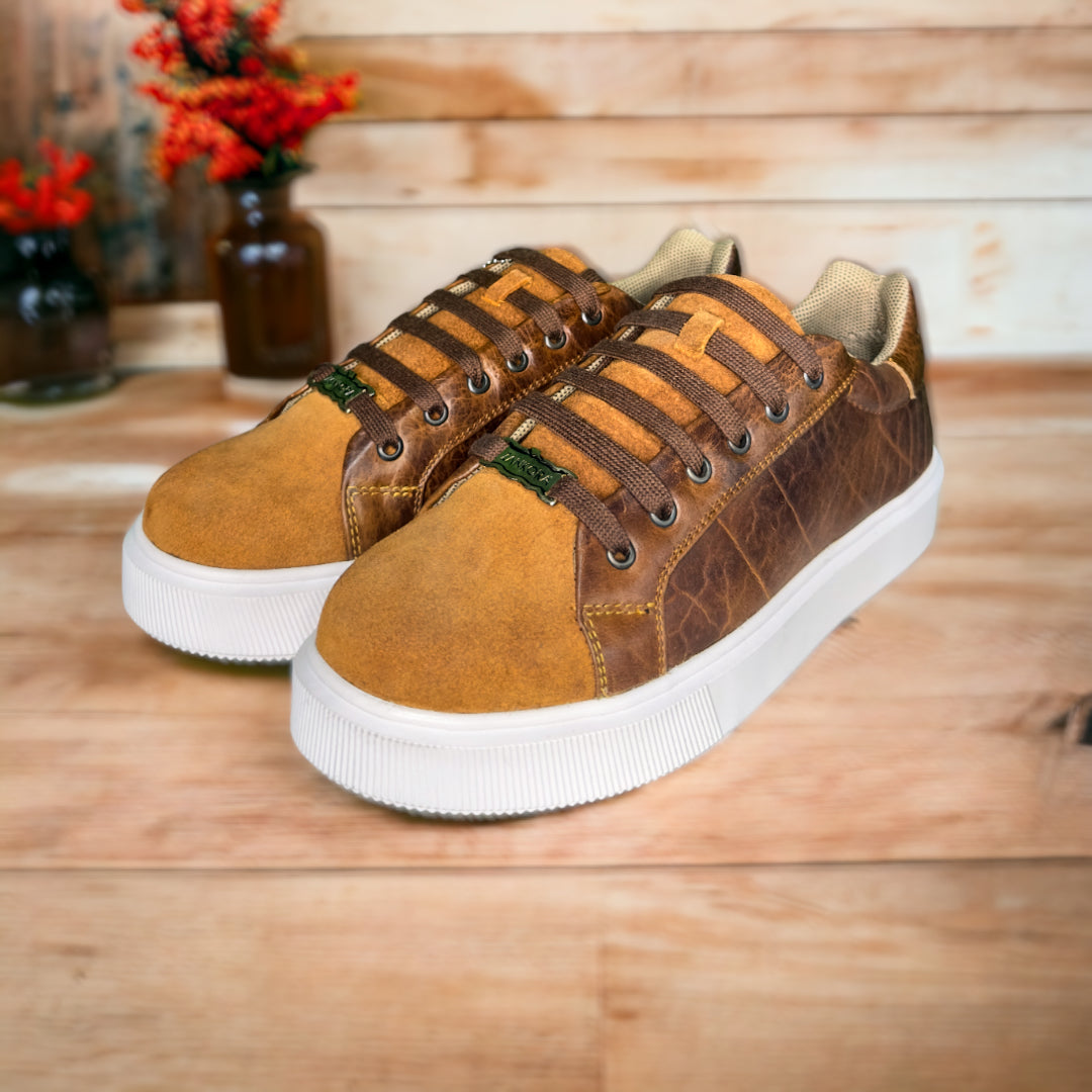 TENIS SNEAKER EN PIEL DE BISONTE CON GAMUZA CAMEL - GBC673P