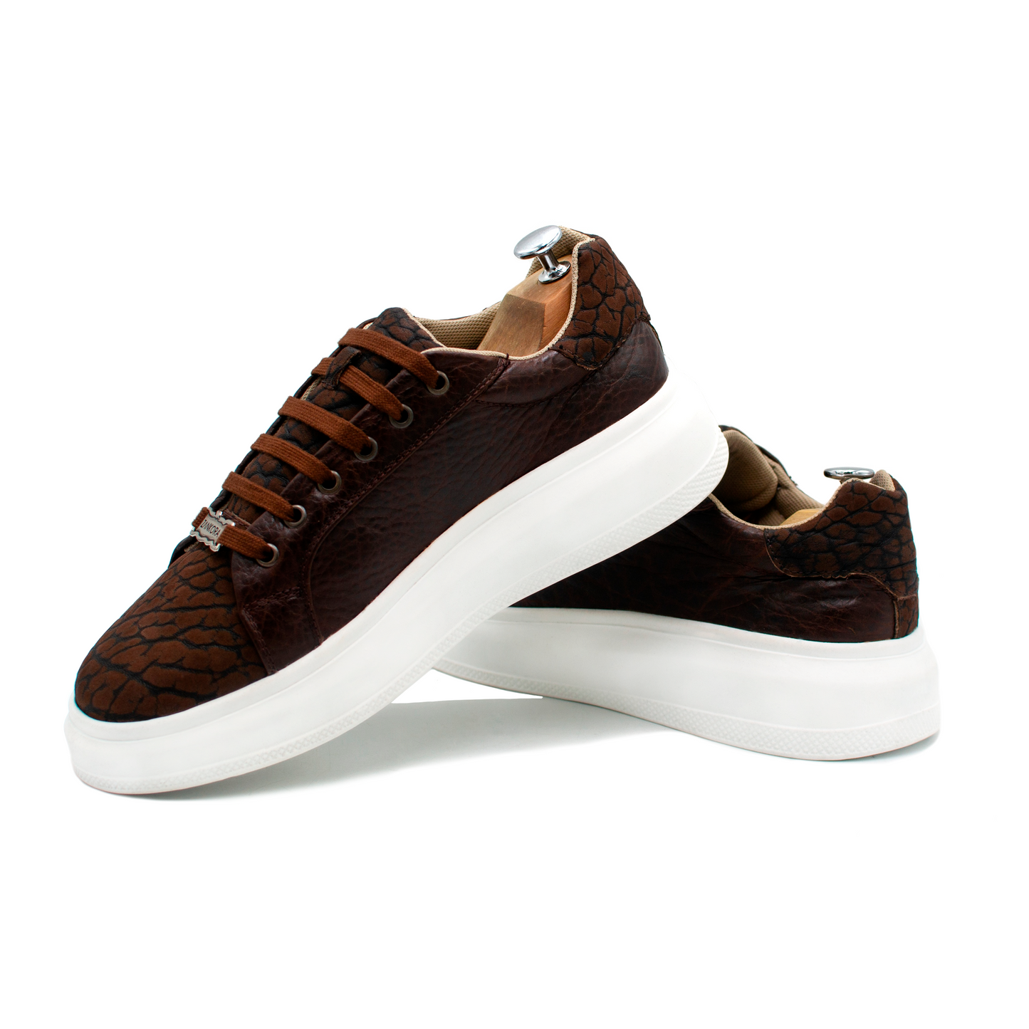 TENIS SNEAKER EN PIEL DE CUELLO DE TORO COLOR CAFÉ CON PIEL DE BISONTE - W0FGB8