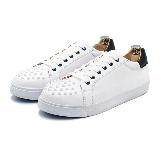 TENIS SNEAKERS EN PIEL DE BECERRO ITALIANO BLANCO Y AZUL CON ESTOPEROLES - WOQ012J