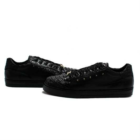 TENIS SNEAKERS NEGROS DE PITÓN CON BECERRO ITALIANO Y ESTOPEROLES - KIO092I