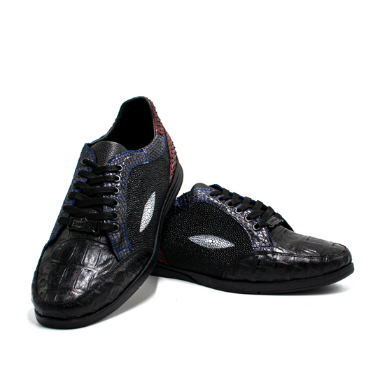 TENIS SNEAKERS NEGRO DE MANTARRAYA CON PITÓN Y COCODRILO - KJI834U