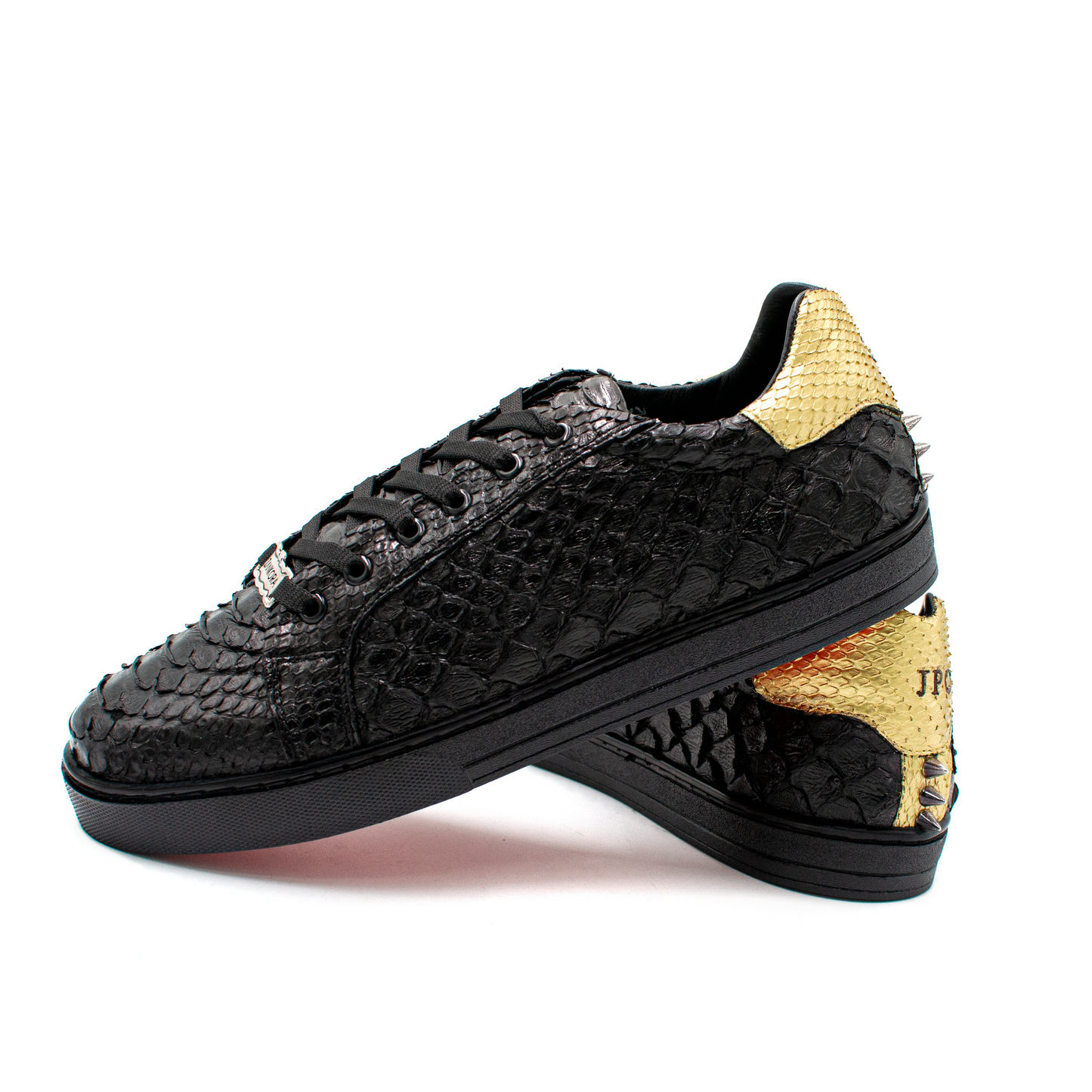 TENIS SNEAKERS COMPLETAMENTE EN PIEL GENUINA DE PITÓN NEGRO Y DORADO CON ESTOPEROLES - MKE293J