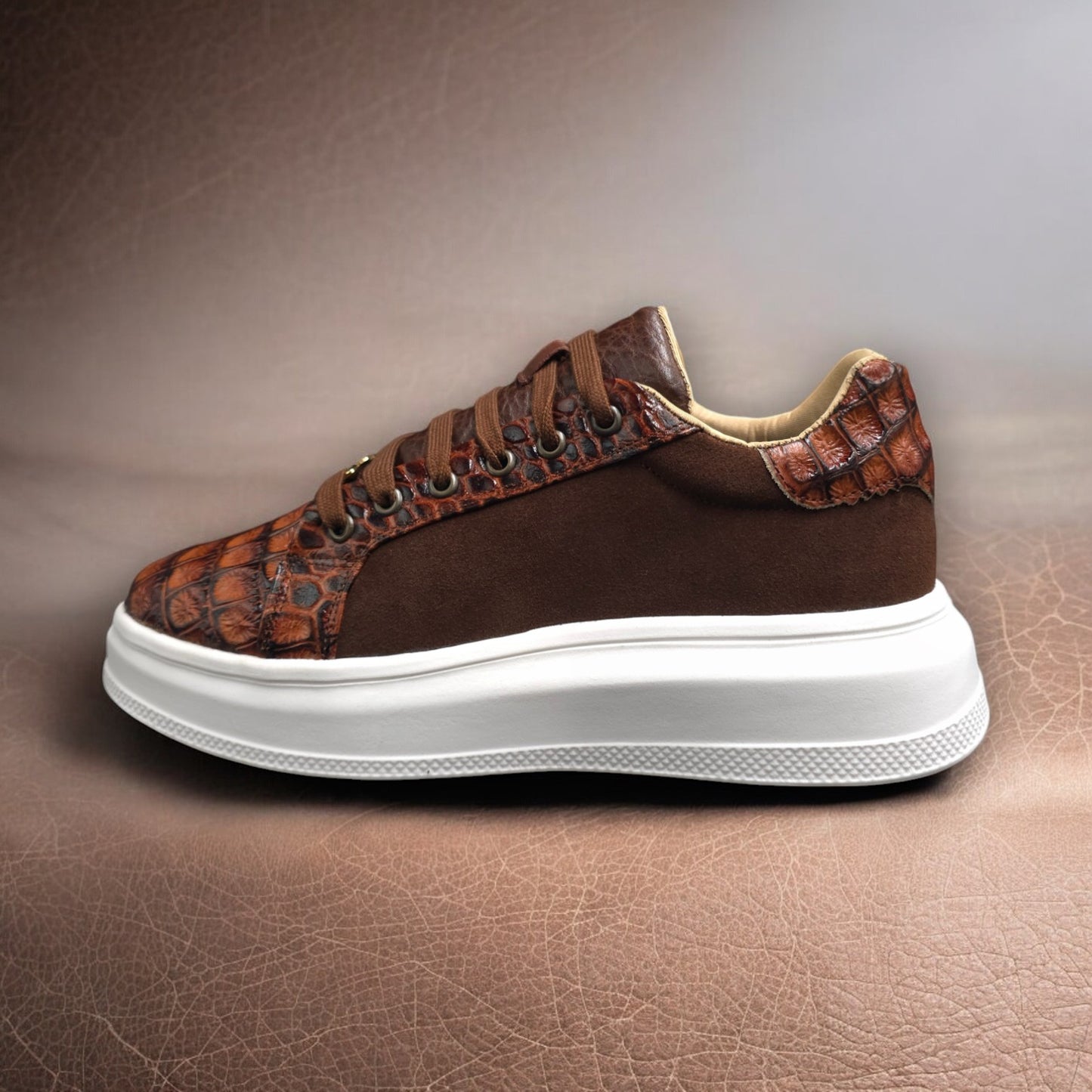 TENIS SNEAKERS MOD. RIVER - COCODRILO ARGENTINO, BISONTE Y GAMUZA CAFÉ RENOVADO 2.0 - ITEH8NK