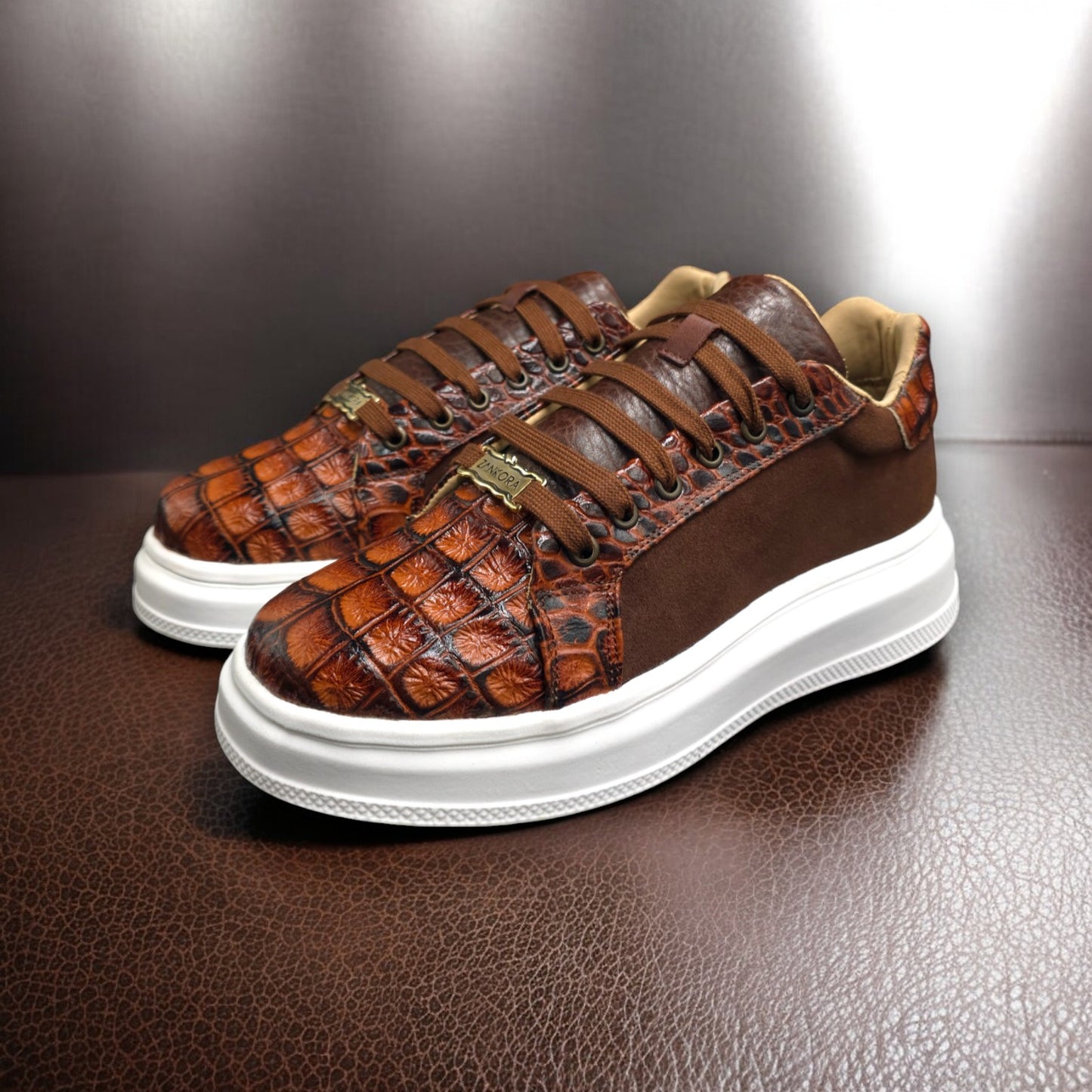 TENIS SNEAKERS MOD. RIVER - COCODRILO ARGENTINO, BISONTE Y GAMUZA CAFÉ RENOVADO 2.0 - ITEH8NK