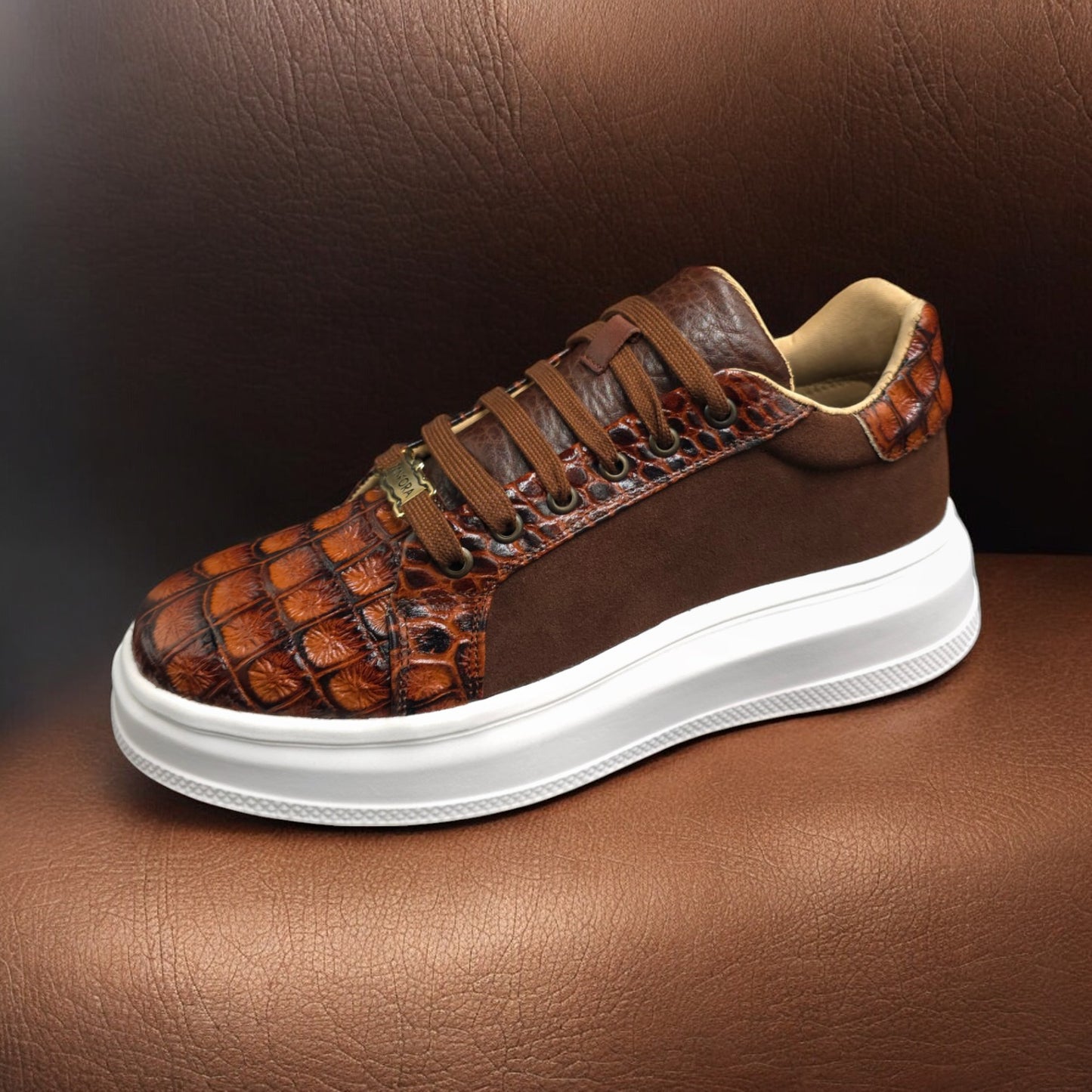 TENIS SNEAKERS MOD. RIVER - COCODRILO ARGENTINO, BISONTE Y GAMUZA CAFÉ RENOVADO 2.0 - ITEH8NK