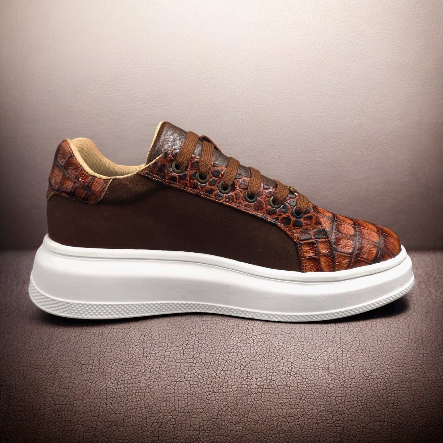 TENIS SNEAKERS MOD. RIVER - COCODRILO ARGENTINO, BISONTE Y GAMUZA CAFÉ RENOVADO 2.0 - ITEH8NK