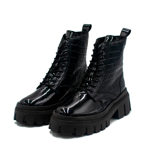 BOTÍN EN PIEL GRABADO DE COCODRILO NEGRO CON CHAROL - WEK139