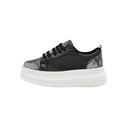 TENIS SNEAKERS EN PIEL GENUINA DE BECERRO CON SNAKE NEGRO - MSK979G