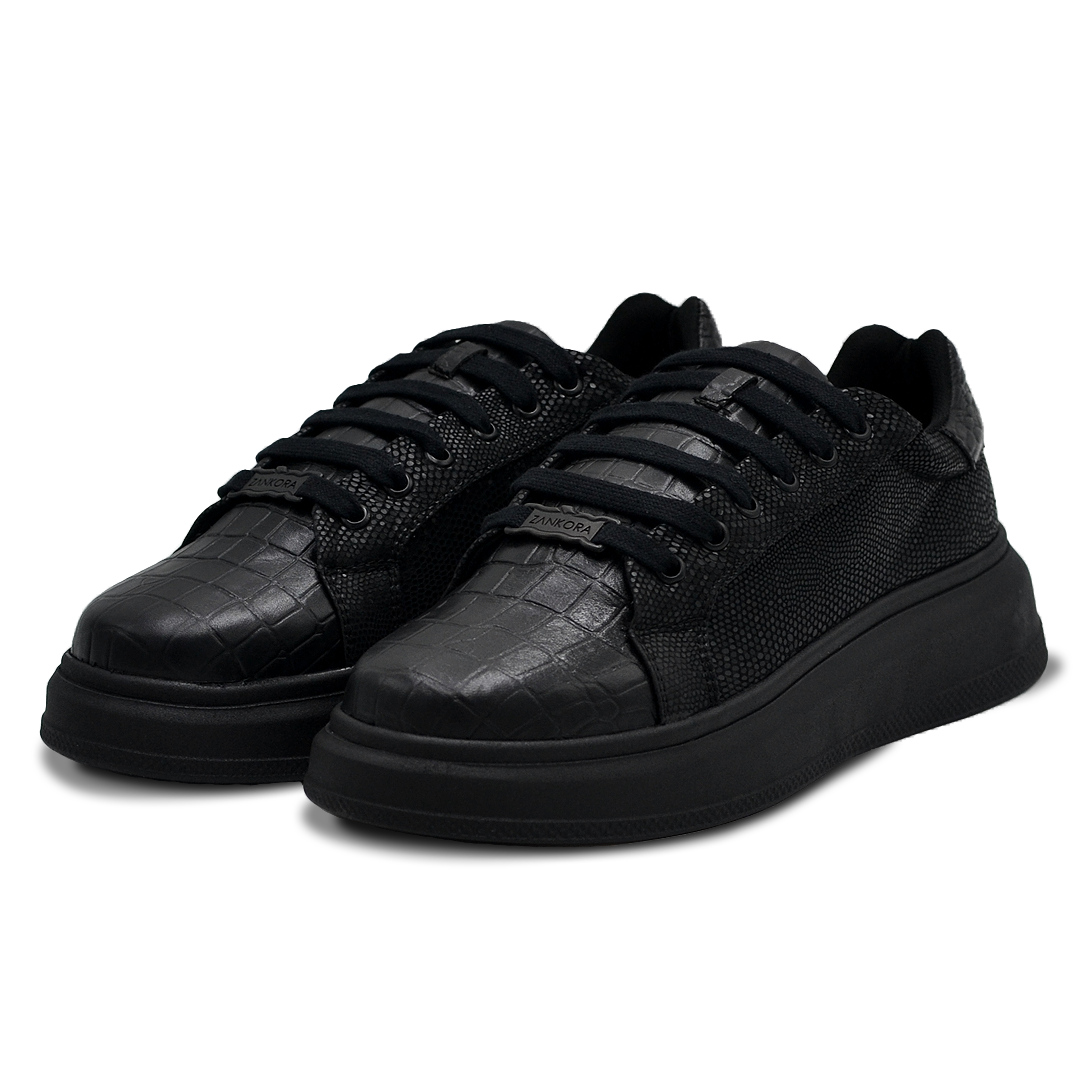 TENIS SNEAKERS EN PIEL GRABADO DE COCODRILO CON MIXFIT NEGRO BRILLANTE - EIO903