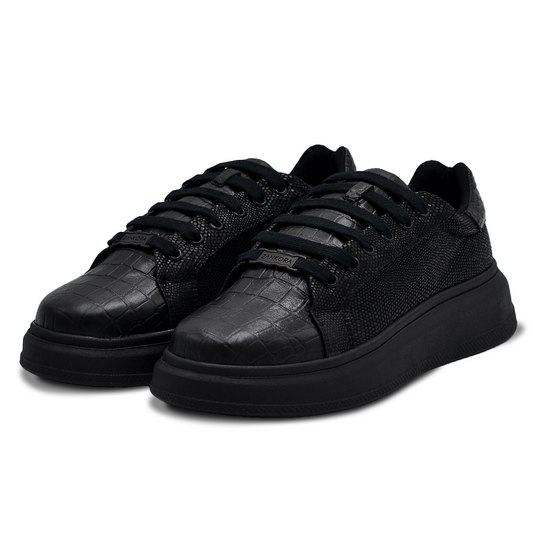 TENIS SNEAKERS EN PIEL GRABADO DE COCODRILO CON MIXFIT NEGRO BRILLANTE - EIO903
