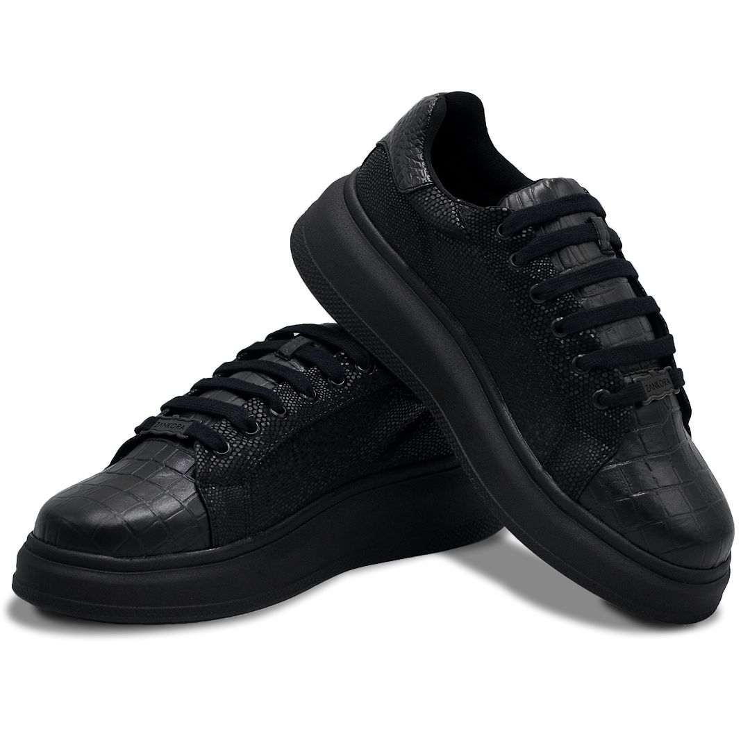 TENIS SNEAKERS EN PIEL GRABADO DE COCODRILO CON MIXFIT NEGRO BRILLANTE - EIO903