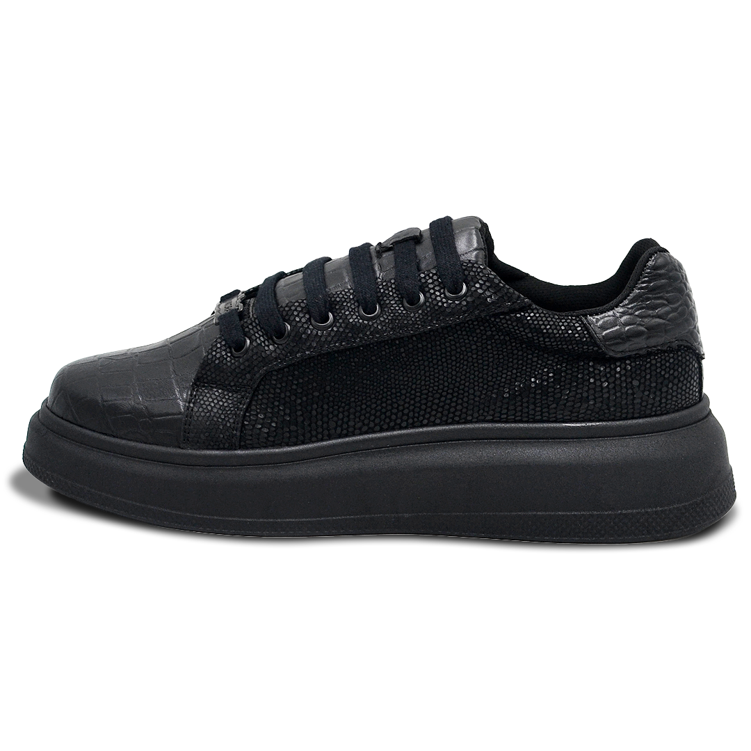 TENIS SNEAKERS EN PIEL GRABADO DE COCODRILO CON MIXFIT NEGRO BRILLANTE - EIO903
