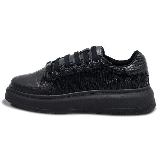 TENIS SNEAKERS EN PIEL GRABADO DE COCODRILO CON MIXFIT NEGRO BRILLANTE - EIO903