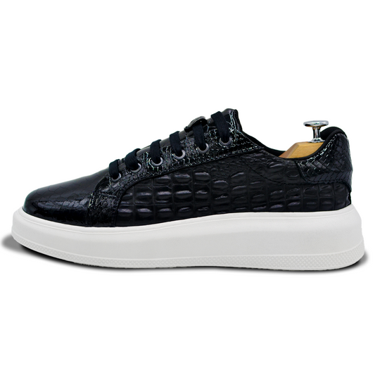 TENIS SNEAKER NEGRO CON PIELES GRABADAS DE COCODRILO Y PITÓN - TND123