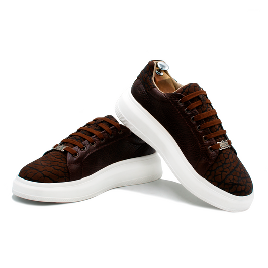 TENIS SNEAKER EN PIEL DE CUELLO DE TORO COLOR CAFÉ CON PIEL DE BISONTE - W0FGB8