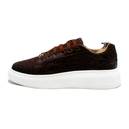 TENIS SNEAKER EN PIEL DE CUELLO DE TORO COLOR CAFÉ CON PIEL DE BISONTE - W0FGB8