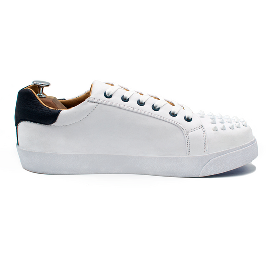 TENIS SNEAKERS EN PIEL DE BECERRO ITALIANO BLANCO Y AZUL CON ESTOPEROLES - WOQ012J