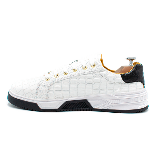 TENIS SNEAKERS EN PIEL GENUINA GRABADA DE COCODRILO BLANCO - OWE230O